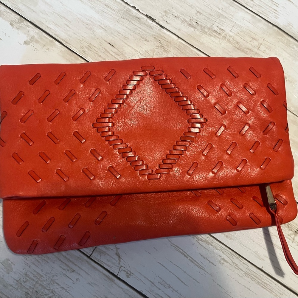 Christopher Kon Vintage Ostrich Embossed Leather Foldover Clutch Red - Picture 9 of 11